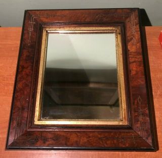 Antique 19th C.  Burled Walnut Wood Framed Mirror With Carved Southwestern Design
