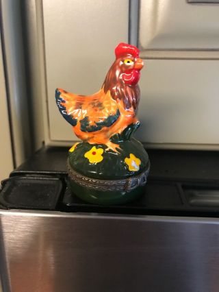 Vintage Colorful Ceramic Mini Trinket Box: Rooster Chicken Cock,  2 - 3/4 "