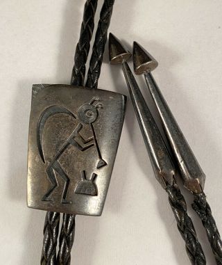 Vintage Old Pawn Native Hopi Hand Tooled Sterling Silver Bolo Tie Signed