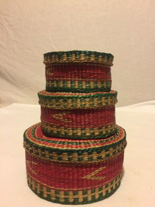 3 Piece Vintage Tightly Woven Sweet Grass Nesting/stacking Baskets With Lids