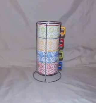 Pier 1 Imports Stacking Coffee Tea Cups Mugs Set Of 4 Red Green Blue Yellow
