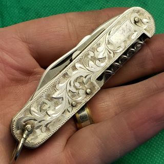 Vintage Oriental Japan Sterling Silver Gents Etched Camp Utility Pocket Knife. 2