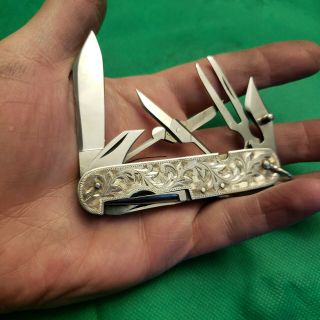 Vintage Oriental Japan Sterling Silver Gents Etched Camp Utility Pocket Knife. 3
