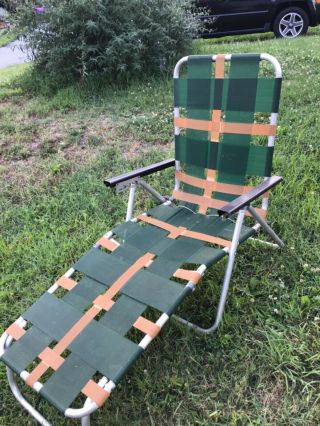 2 Webbed Vintage Aluminum Folding Chaise Lounge Lawn Chair Webbing Black green 3
