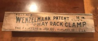 Vintage Wenzelmann Hay Rack Clamp Wooden Box F.  E.  Myers & Bro.  Harper Ottumwa Ia