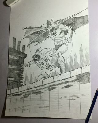 Batman And Robin 11x17 Pencil Sketch Gotham Rooftop