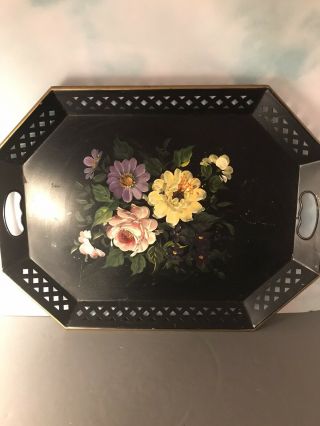 Vintage Hand Painted Tin Tole Serving Tray - Floral - Octagonal 20x15 - Nashco