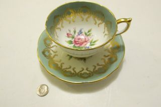 Aynsley Pink Rose Tea Cup & Saucer Light Green & Gold Bone China Teacup 1930 