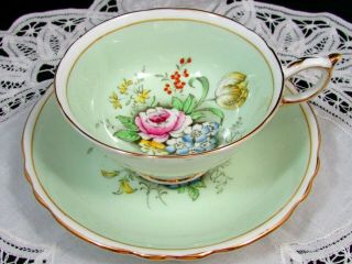 Paragon Pink Rose Beaded Floral Light Green Wide Tea Cup And Saucer