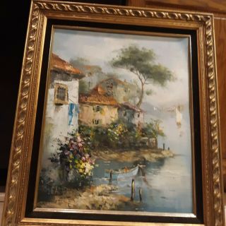 Vintage Mid Century Framed Signed Camprio Oil On Wood Seascape Port Painting Art