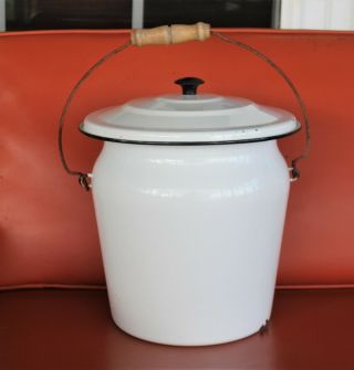 Antique Quality Enamelware Chamber Pot Bucket W/ Lid,  Handle 10 1/4 " Tall Large
