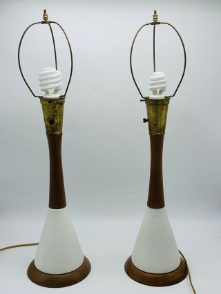 Vintage Mid Century Danish Modern Textured Ceramic Teak Wood Table Lamp Set