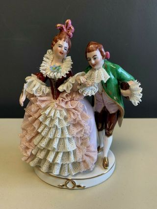 Gerold & Co Tettau Dresden Victorian Porcelain Lace Figurine Man Lady Dancing