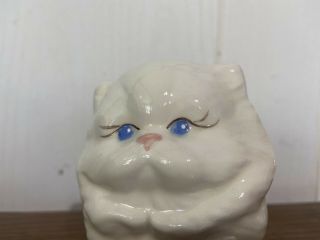 Vintage Small White KITTY CAT Planter Pot 4.  5”.  Blue Eyes,  Pink Nose 2