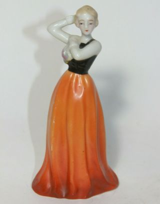 Vtg Art Deco Elegant Woman Figurine Woman In Orange & Blk Dress Figurine - Japan