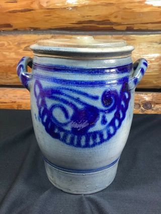 Vintage Salt Glazed Stoneware Crock 5 Cobalt Blue Design W Lid & Handles