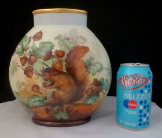 Antique Jean Pouyat Limoges 9 " Vase With Hand Painted Squirrel & Acorns In Tree