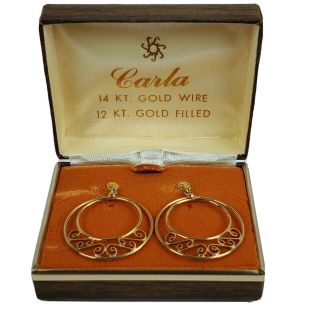 Vintage Carla 14k Gold Drop Hoop Scroll Earrings Case