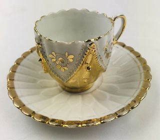 Vintage Made In Germany Porcelain Tea Cup & Saucer Gold Hand Painted - 4.  75”