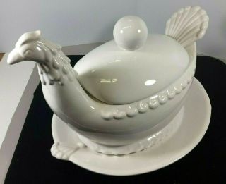 Large Vintage Ceramic Soup Tureen " Chicken " Large Ladle And Underplate