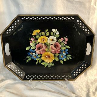 Vintage 20 " X15 " Tole Metal Serving Tray W/ Hand Painted Floral Design
