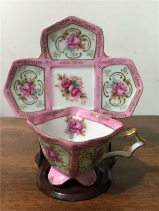 Vintage Royal Sealy China Japan Pink Rose Pattern Footed Tea Cup Petal Saucer