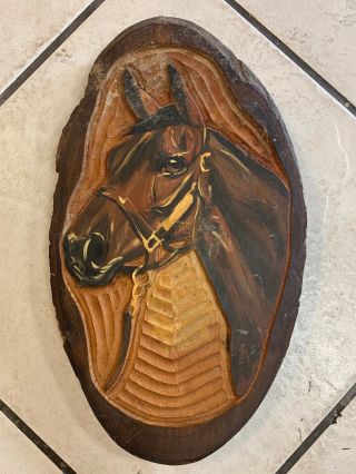 Vintage Wooden Hand Carved Horsehead Wood Plaque Wall Hanging 15 "