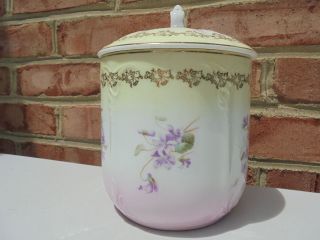 Antique C.  T.  Carl Tielsch Altwasser Germany Porcelain Biscuit Jar Roses Violets 3