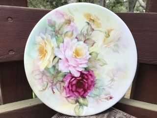 Antique / Vintage Hand Painted Signed Roses Porcelain 12 3/8” Disc