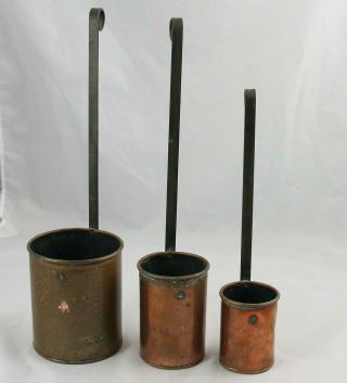 Set Of 3 Antique Copper & Iron Deep Ladles Great Britain England