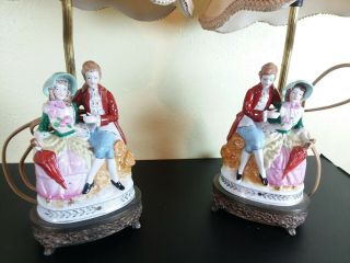 Antique Art Deco Porcelain Victorian Couple Lamps W/original Shades -