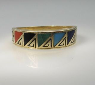 Vintage 14k Yellow Gold Gemstone Inlay Band Ring Signed Coral Turquoise