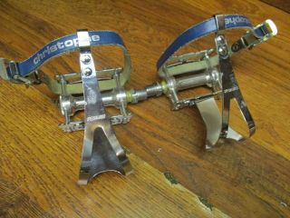 Vintage Campagnolo Record Pedals - Toe Clips & Blue Leather Strap Set