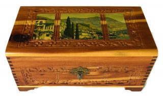 Vintage Ornate Carved Cedar Wood Jewelry Box Chest Mirror Italy Ocean City Scene