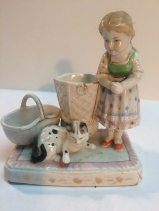 Antique Porcelain Conta & Boehme Match Holder Girl With Cat & Ball