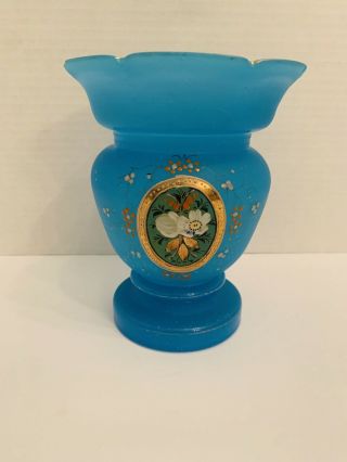 Antique French Blue Opaline Ruffled Hand Painted Vase Flower Floral Pontil ❤️
