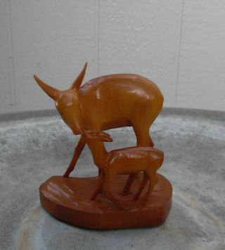Antique Black Forest Carved Wood Deer And Fawn Sculpture Ca.  1920 