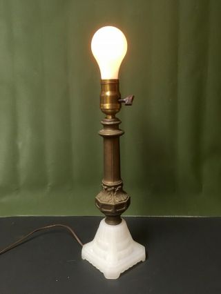 Antique Vtg 14 " Tall Bronze And Milk Glass Art Deco Table Lamp Fat Paddle Switch