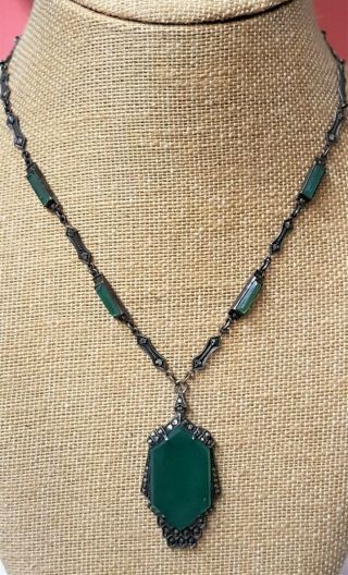Antique Art Deco Sterling Silver Germany Marcasite & Green Stones Necklace