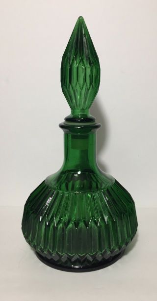 Mid Century Style 12” Emerald Green Glass Genie Bottle Decanter Vintage