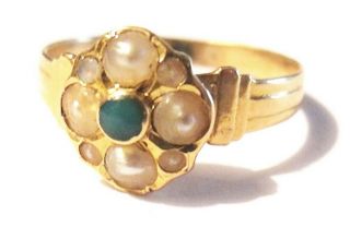 Antique French 14k Gold Seed Pearl Turquoise Cluster Ring Victorian Size 5.  75