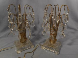 Set 2 Antique/vtg Waterfall Electric Table Lamps Crystal Prisms Vintage Art Deco