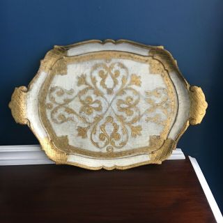 Vintage Florentine Italian Gold Gilt Tole Wood Handled Tray Platter