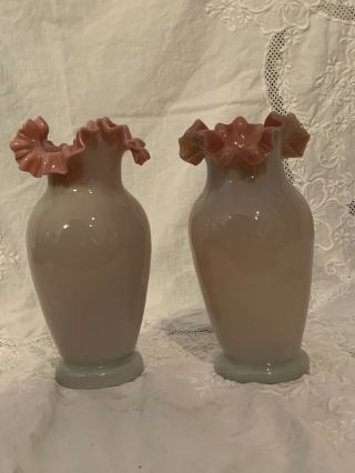 Pair Bristol Glass Vases Antique Victorian Pink Ruffled Satin
