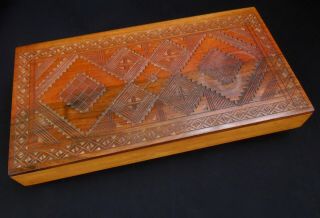 Antique Vintage Finely Hand Carved Geometric Motif Wood Hinged Box Casket 10.  5 "