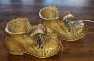Vintage Hand Carved Wood Folk Art Shoes 1 Pair Leather Laces D Unruh