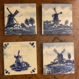 Delft Blue Miniature Hand Painted Tiles With Hangers 2 " X 2 "