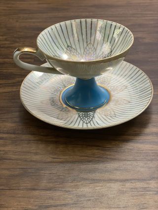 Vintage Lm Royal Halsey Footed Teacup And Saucer Blue Iridescent Gold Trim