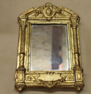 Vintage Small Mirror Gold Leaf On Wood Toleware Made In Italy
