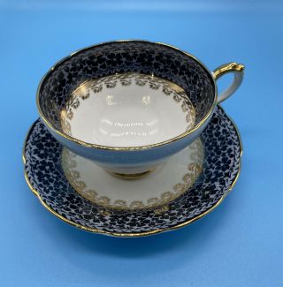 Vtg Royal Sutherland Bone China Made In Staffordshire Black Floral Teacup Saucer
